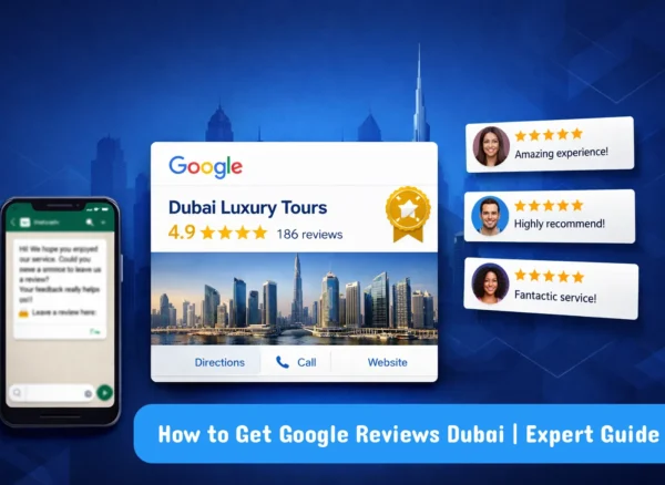 How to get Google reviews Dubai — illustrated guide showing a Google Business Profile with 5-star ratings, customer review cards, and a WhatsApp review request for a Dubai business