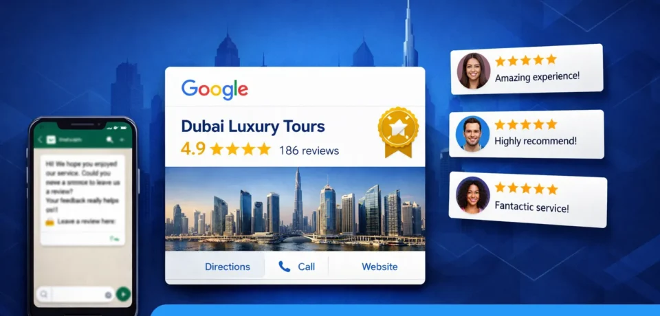 How to Get Google Reviews Dubai — Expert Guide - SEO DUBAI PRO How to get Google reviews Dubai — illustrated guide showing a Google Business Profile with 5-star ratings, customer review cards, and a WhatsApp review request for a Dubai business