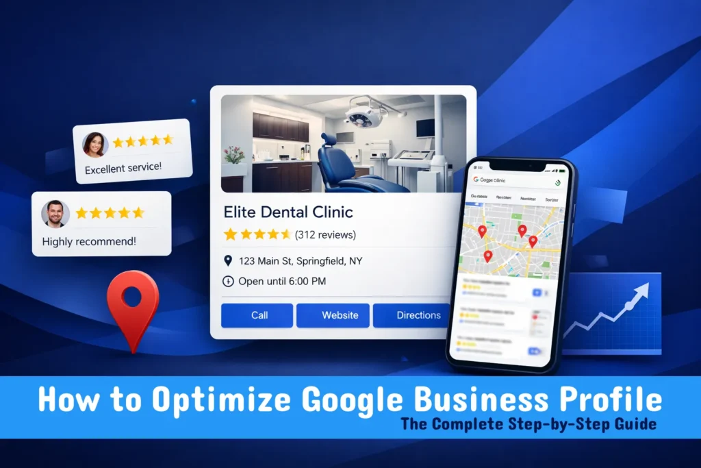 How to optimize Google Business Profile — step-by-step visual guide showing a fully optimised GBP dashboard with star ratings, reviews, and photos for a Dubai business
