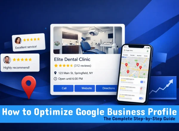 How to optimize Google Business Profile — step-by-step visual guide showing a fully optimised GBP dashboard with star ratings, reviews, and photos for a Dubai business