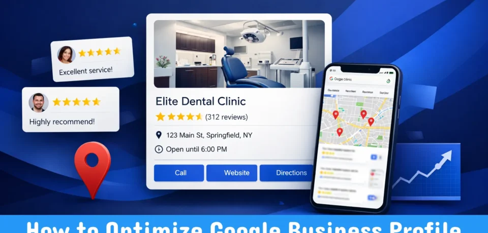 How to Optimize Google Business Profile - SEO DUBAI PRO How to optimize Google Business Profile — step-by-step visual guide showing a fully optimised GBP dashboard with star ratings, reviews, and photos for a Dubai business