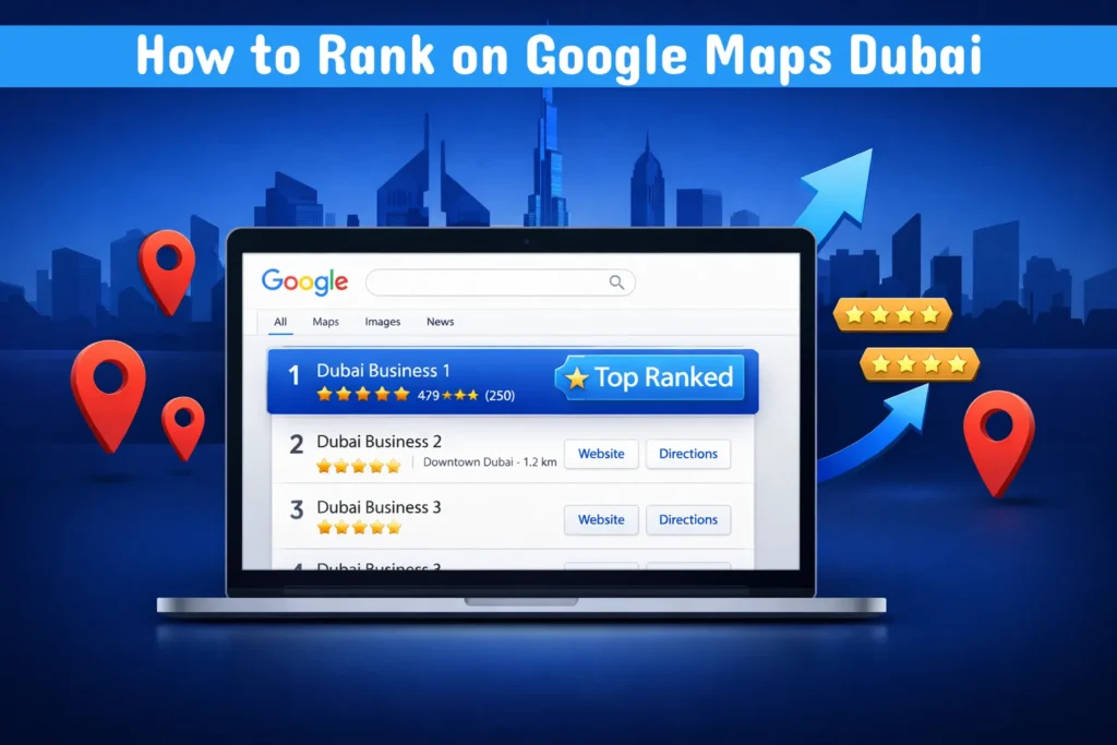 How to rank on Google Maps Dubai — illustrated guide showing a Google Maps Local Pack result with three Dubai business listings highlighted in the top positions