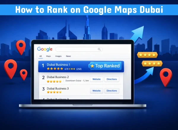 How to rank on Google Maps Dubai — illustrated guide showing a Google Maps Local Pack result with three Dubai business listings highlighted in the top positions