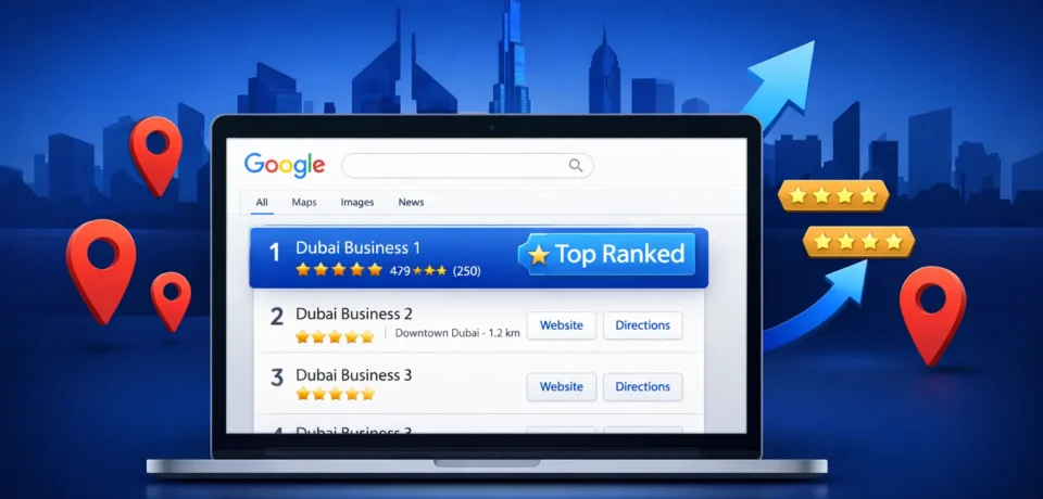 How to Rank on Google Maps Dubai - SEO DUBAI PRO How to rank on Google Maps Dubai — illustrated guide showing a Google Maps Local Pack result with three Dubai business listings highlighted in the top positions