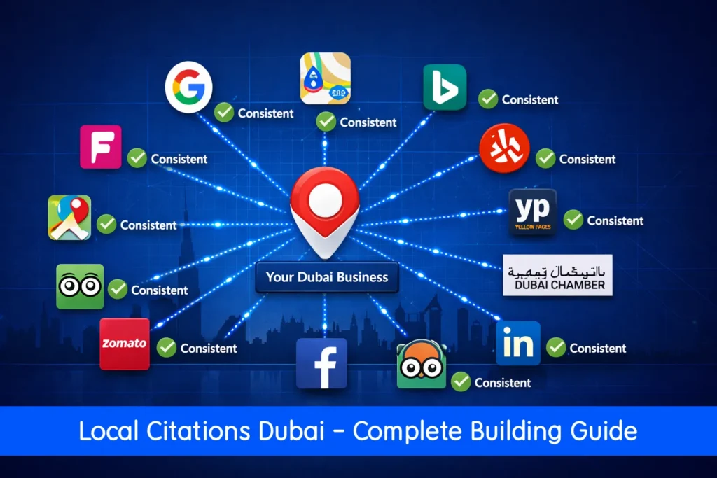 Local citations Dubai — illustrated guide showing a network of UAE business directory links connecting to a Google Maps listing for a Dubai business