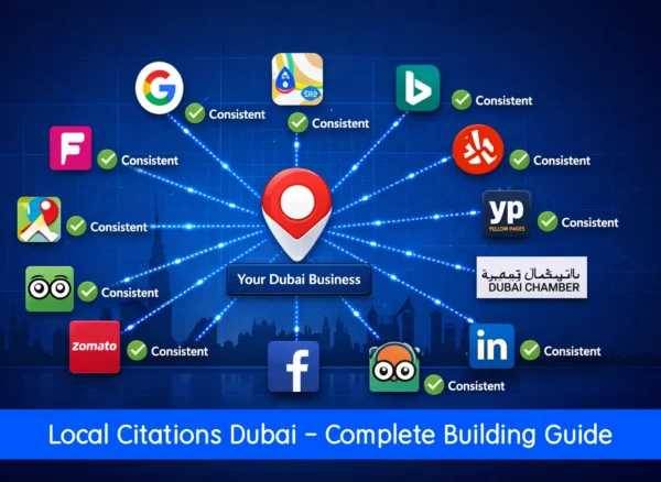 Local citations Dubai — illustrated guide showing a network of UAE business directory links connecting to a Google Maps listing for a Dubai business