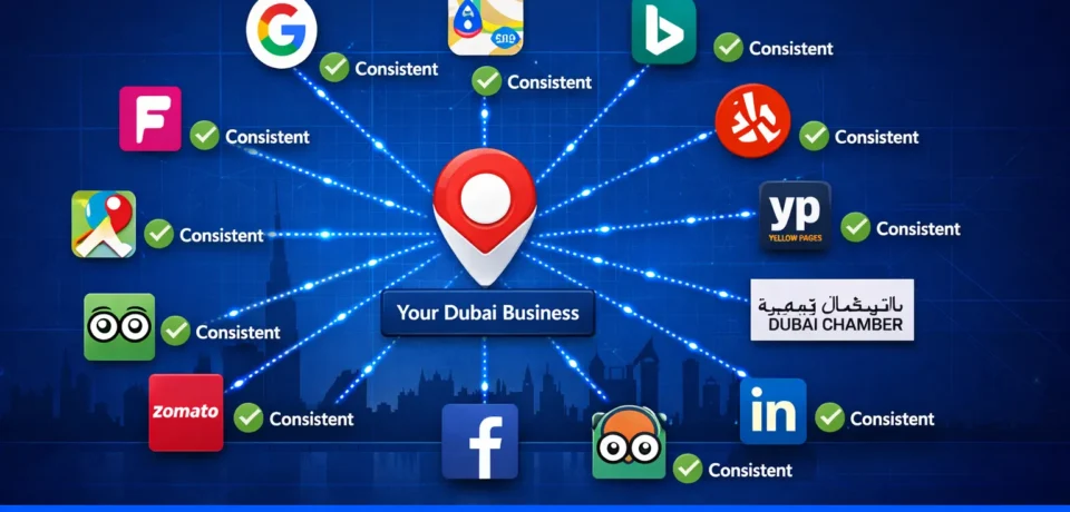 Local Citations Dubai — Complete Building Guide - SEO DUBAI PRO Local citations Dubai — illustrated guide showing a network of UAE business directory links connecting to a Google Maps listing for a Dubai business