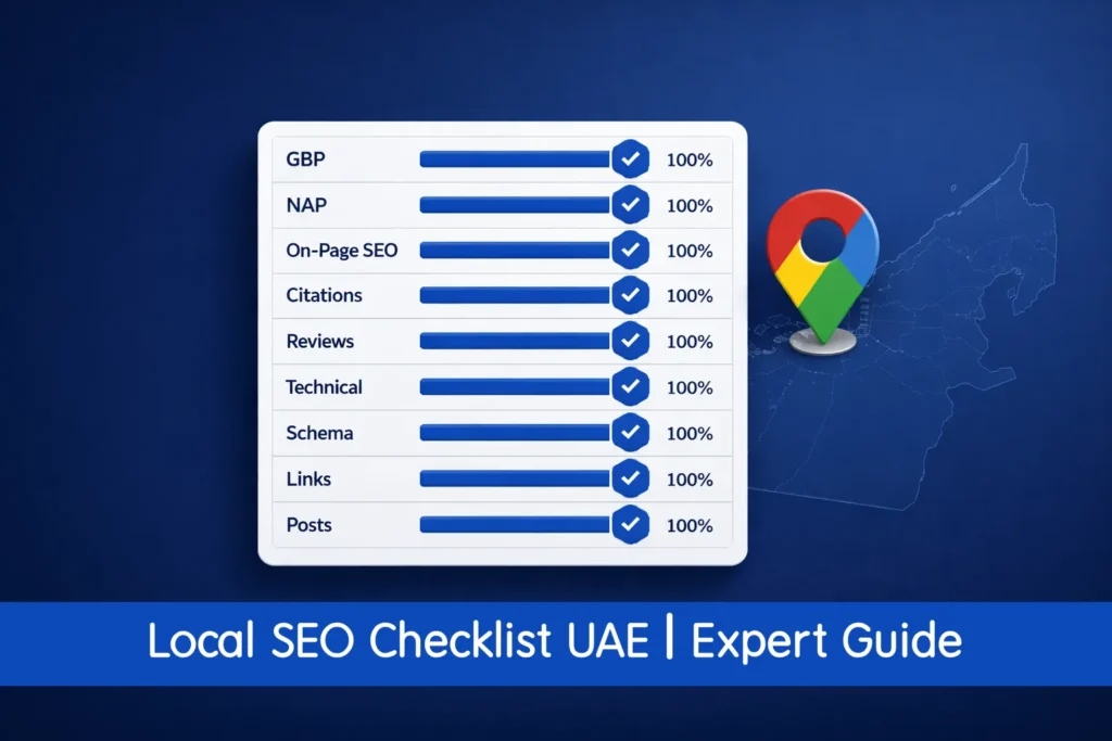 Local SEO checklist UAE — illustrated step-by-step guide showing a checklist dashboard with Google Maps rankings, GBP profile, and citation building for UAE small businesses