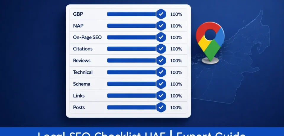 Local SEO Checklist UAE — Expert Guide - SEO DUBAI PRO Local SEO checklist UAE — illustrated step-by-step guide showing a checklist dashboard with Google Maps rankings, GBP profile, and citation building for UAE small businesses