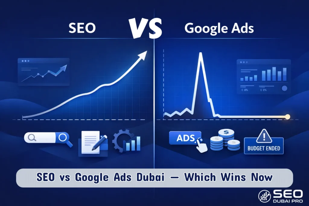 SEO vs Google Ads Dubai — side by side comparison chart showing organic rankings vs paid ads performance for UAE businesses