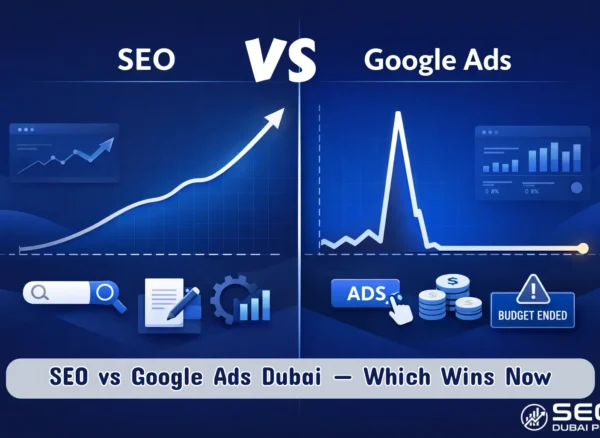 SEO vs Google Ads Dubai — SEO DUBAI PRO SEO vs Google Ads Dubai — side by side comparison chart showing organic rankings vs paid ads performance for UAE businesses