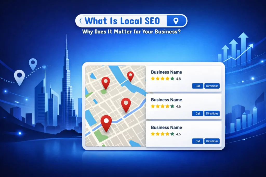 What is local SEO — illustrated guide showing Google Maps results, local business listings, and location pins for Dubai businesses
