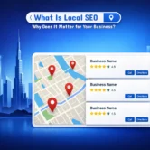 What Is Local SEO-SEO Dubai Pro What is local SEO — illustrated guide showing Google Maps results, local business listings, and location pins for Dubai businesses