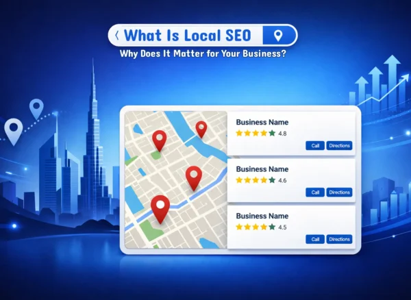 What Is Local SEO-SEO Dubai Pro What is local SEO — illustrated guide showing Google Maps results, local business listings, and location pins for Dubai businesses