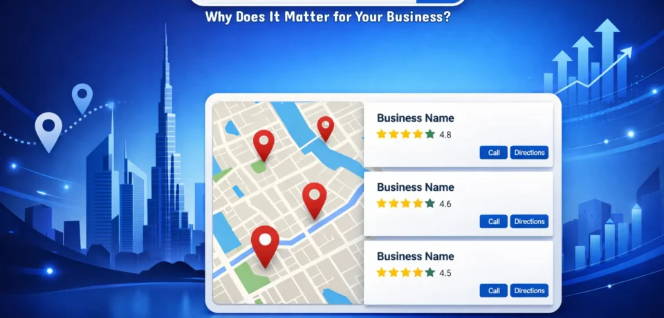 What is local SEO — illustrated guide showing Google Maps results, local business listings, and location pins for Dubai businesses