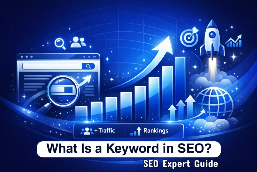 What is a keyword in SEO — illustrated guide showing different keyword types with search volume and competition metrics