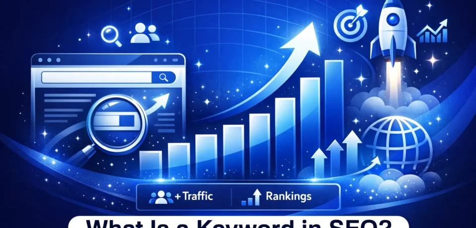 What is a keyword in SEO — illustrated guide showing different keyword types with search volume and competition metrics