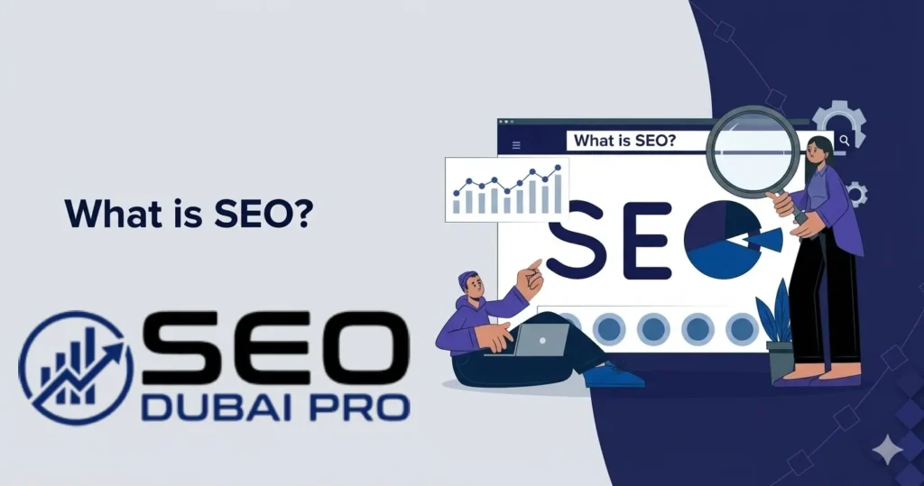 explaining What is SEO featuring the SEO Dubai Pro logo, professionals analyzing data charts, and a search magnifying glass.