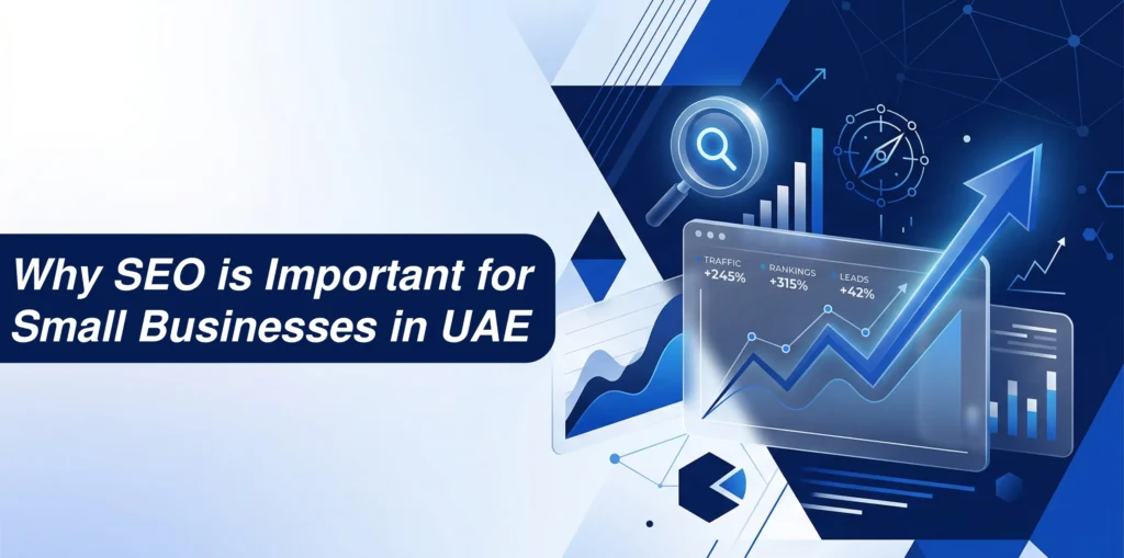 Why SEO is Important for Small Businesses in UAE, featuring upward trending analytics dashboards, a search icon, and digital marketing growth metrics.