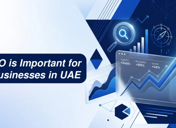 Why SEO is Important for Small Businesses in UAE Why SEO is Important for Small Businesses in UAE, featuring upward trending analytics dashboards, a search icon, and digital marketing growth metrics.