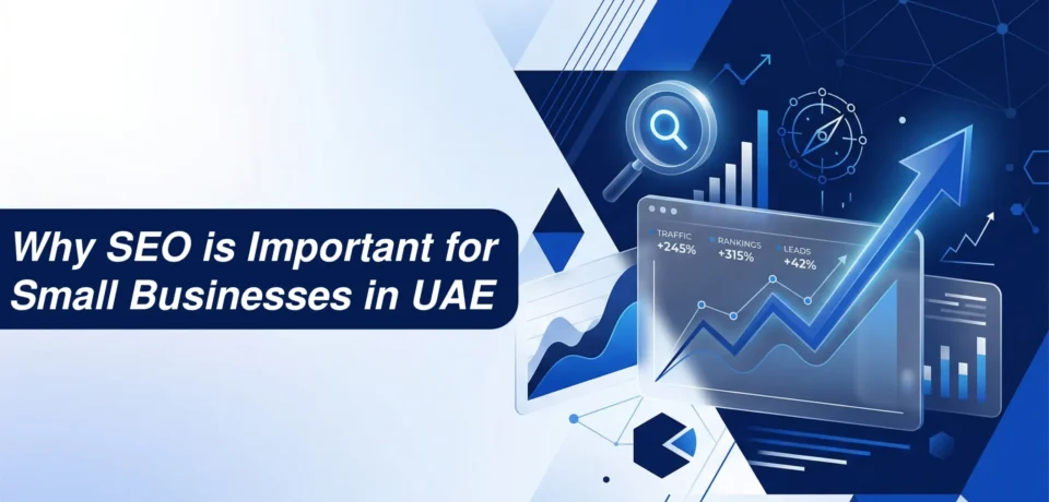 Why SEO is Important for Small Businesses in UAE, featuring upward trending analytics dashboards, a search icon, and digital marketing growth metrics.