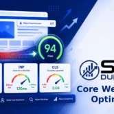 Core web vitals optimization guide showing LCP, INP, and CLS metrics on a Google PageSpeed dashboard with before and after scores improving from red to green