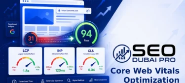 Core web vitals optimization guide showing LCP, INP, and CLS metrics on a Google PageSpeed dashboard with before and after scores improving from red to green