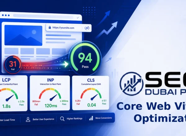 Core web vitals optimization guide showing LCP, INP, and CLS metrics on a Google PageSpeed dashboard with before and after scores improving from red to green