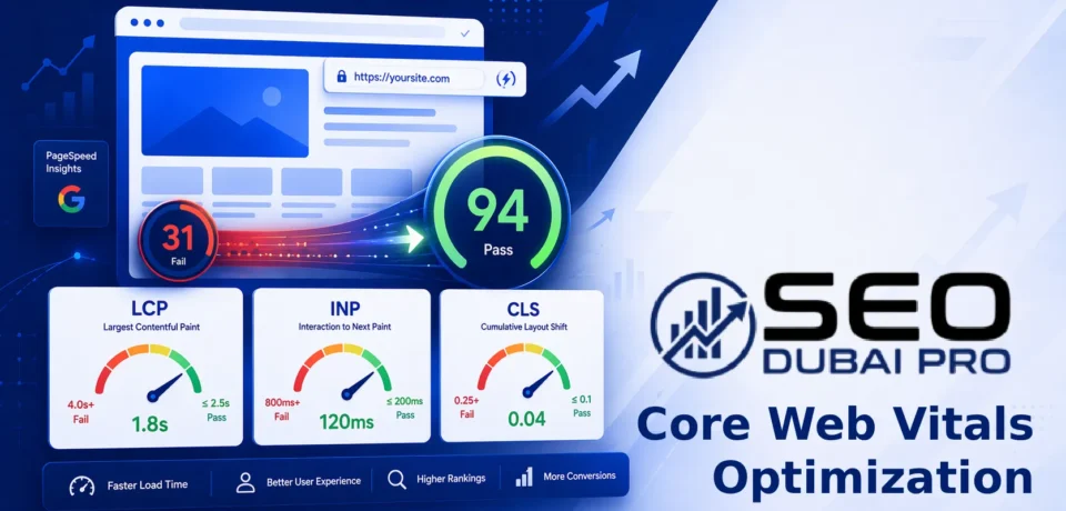 Core web vitals optimization guide showing LCP, INP, and CLS metrics on a Google PageSpeed dashboard with before and after scores improving from red to green