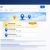 Google Local 3 Pack ranking — illustrated guide showing a Google Maps Local Pack result with three Dubai business listings at the top of search results