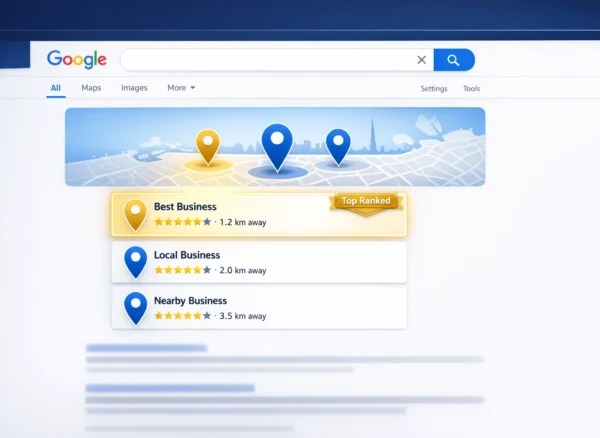 Google Local 3 Pack ranking — illustrated guide showing a Google Maps Local Pack result with three Dubai business listings at the top of search results