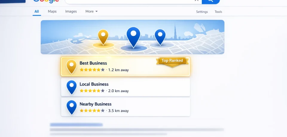 Google Local 3 Pack ranking — illustrated guide showing a Google Maps Local Pack result with three Dubai business listings at the top of search results