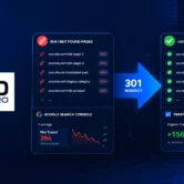 How to fix 404 errors — illustrated guide showing a 404 error page on a website dashboard with a step-by-step fix checklist and redirect arrows resolving broken URLs