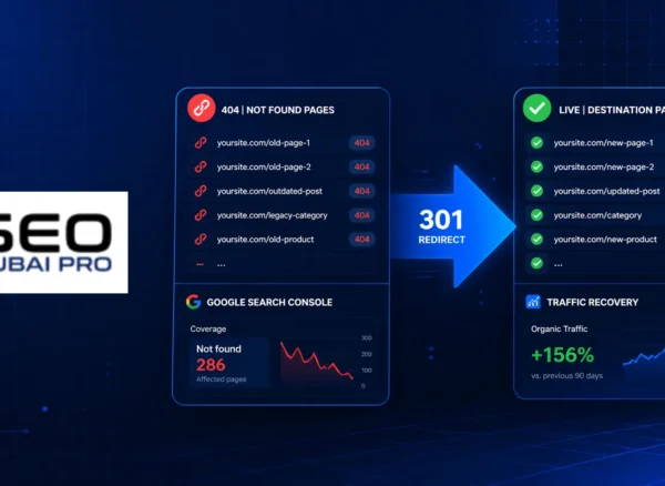 How to fix 404 errors — illustrated guide showing a 404 error page on a website dashboard with a step-by-step fix checklist and redirect arrows resolving broken URLs
