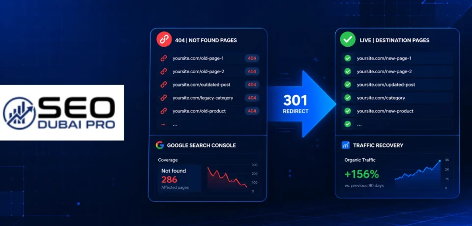 How to fix 404 errors — illustrated guide showing a 404 error page on a website dashboard with a step-by-step fix checklist and redirect arrows resolving broken URLs