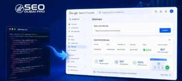 How to submit sitemap to Google Search Console — step-by-step illustrated guide showing a sitemap XML file being submitted through the Google Search Console Sitemaps report