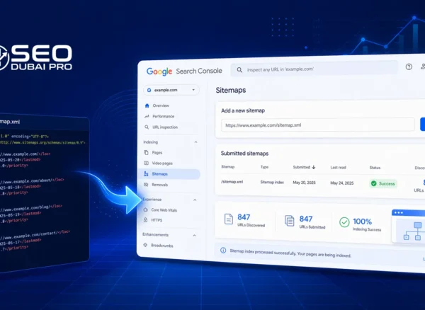 How to submit sitemap to Google Search Console — step-by-step illustrated guide showing a sitemap XML file being submitted through the Google Search Console Sitemaps report