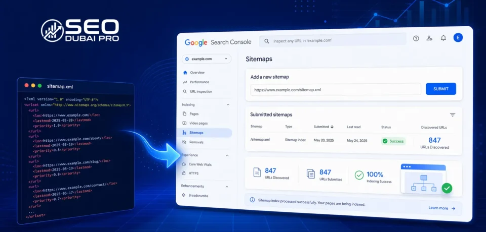 How to submit sitemap to Google Search Console — step-by-step illustrated guide showing a sitemap XML file being submitted through the Google Search Console Sitemaps report