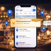 Local SEO for restaurants Dubai — illustrated guide showing a Dubai restaurant appearing in the Google Maps Local Pack with 5-star reviews and menu photos