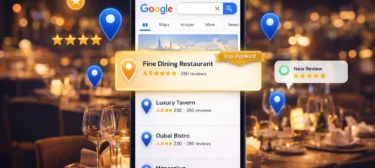 Local SEO for restaurants Dubai — illustrated guide showing a Dubai restaurant appearing in the Google Maps Local Pack with 5-star reviews and menu photos