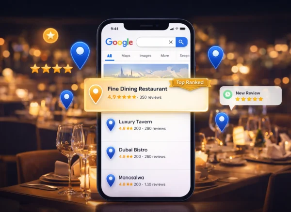 Local SEO for restaurants Dubai — illustrated guide showing a Dubai restaurant appearing in the Google Maps Local Pack with 5-star reviews and menu photos
