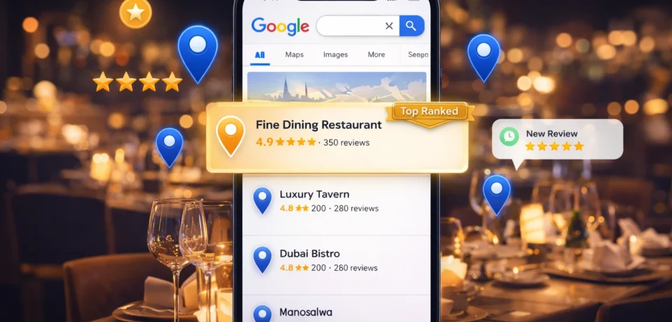 Local SEO for restaurants Dubai — illustrated guide showing a Dubai restaurant appearing in the Google Maps Local Pack with 5-star reviews and menu photos