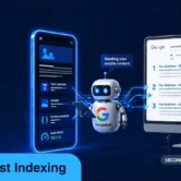 Mobile first indexing guide — illustrated diagram showing Google crawling a mobile website before desktop with rankings determined by mobile content and performance