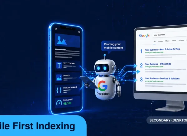 Mobile first indexing guide — illustrated diagram showing Google crawling a mobile website before desktop with rankings determined by mobile content and performance