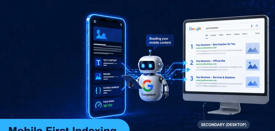 Mobile first indexing guide — illustrated diagram showing Google crawling a mobile website before desktop with rankings determined by mobile content and performance