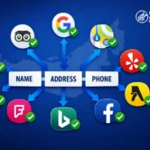 NAP consistency SEO — illustrated guide showing Name, Address, and Phone data flowing consistently from a business to Google Maps, Apple Maps, Yelp, and multiple UAE directories