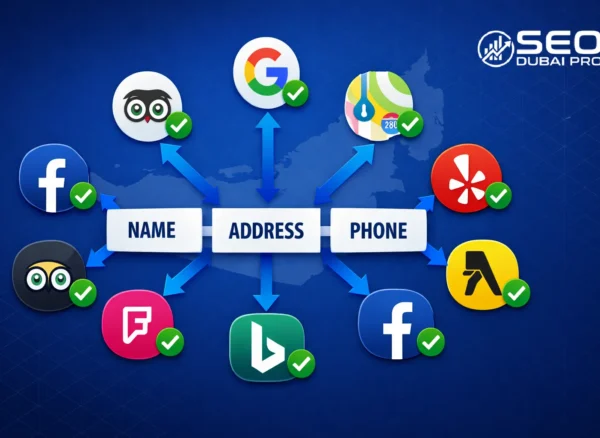 NAP consistency SEO — illustrated guide showing Name, Address, and Phone data flowing consistently from a business to Google Maps, Apple Maps, Yelp, and multiple UAE directories