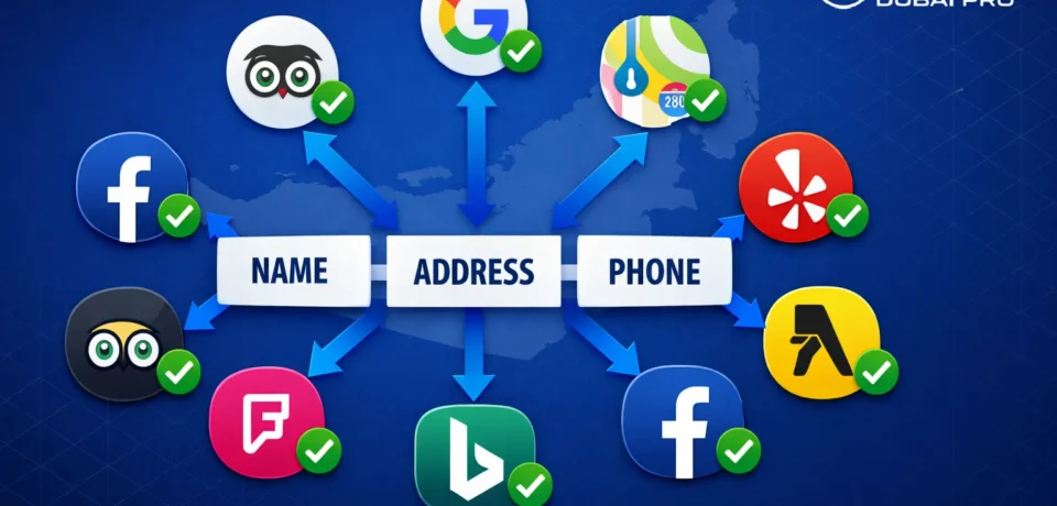 NAP consistency SEO — illustrated guide showing Name, Address, and Phone data flowing consistently from a business to Google Maps, Apple Maps, Yelp, and multiple UAE directories