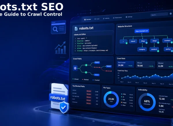 Robots.txt SEO guide — illustrated diagram showing a robots.txt file controlling which pages Googlebot can and cannot access on a website