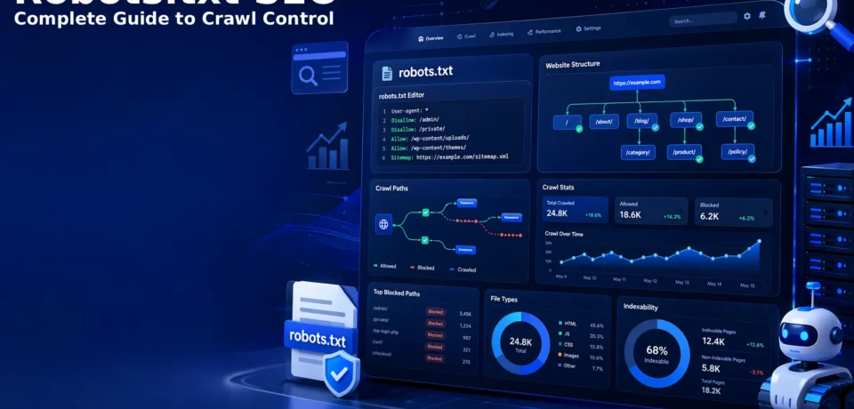 Robots.txt SEO guide — illustrated diagram showing a robots.txt file controlling which pages Googlebot can and cannot access on a website